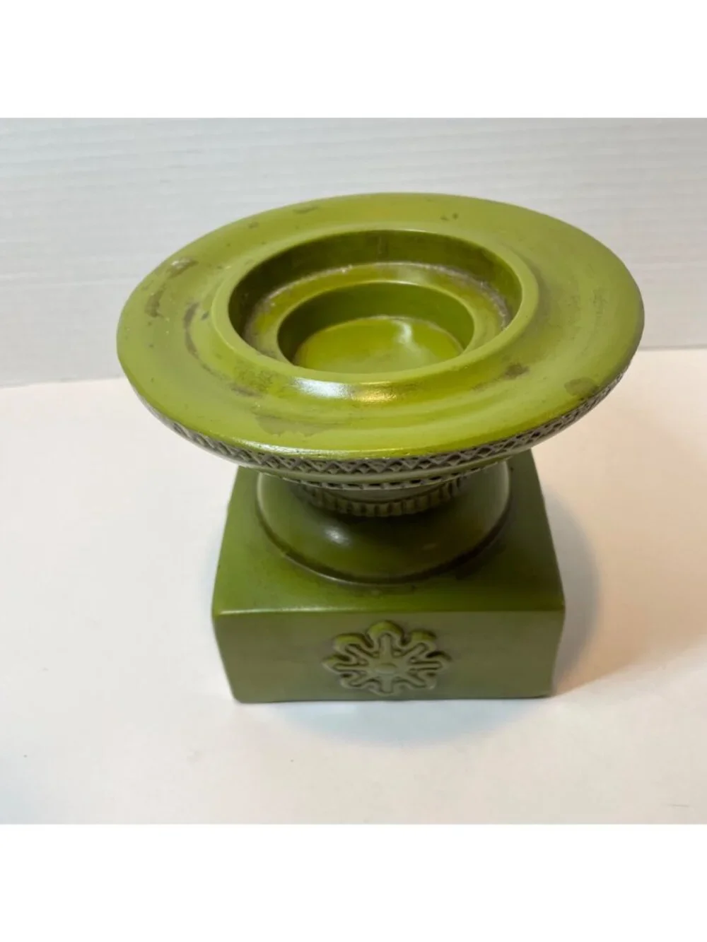 Vintage Green Ceramic Candle Holder Made In Japan With Embossed Floral Design &